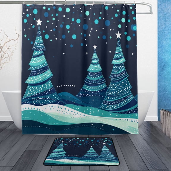 Bath Curtain & Non-Slip Bath Mat Set 12-Grommet Shower Curtain Memory Foam Bath Rug Blue-black Trees