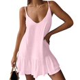 thumbnail image 1 of JUNWELL Robes d'Été pour les Femmes Boho Couleur Unie V Cou Spaghetti Sangle Mini Robe Décontractée Volants Ourlet Fluide Robe de Plage, 1 of 5