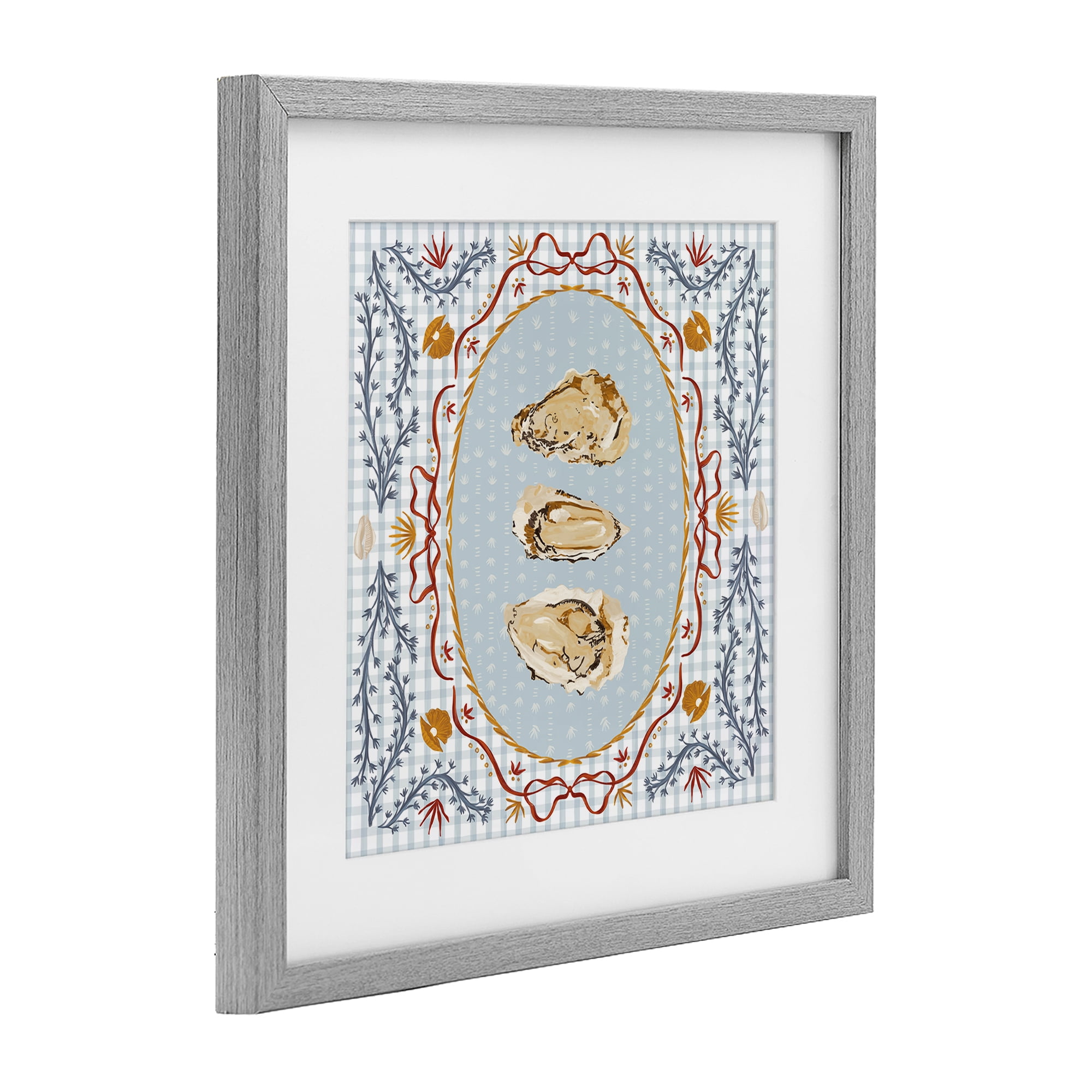 Stupell Industries Oyster Trio on Blue Gingham Gray Framed Print Under Glass, design by Vero Illustrates