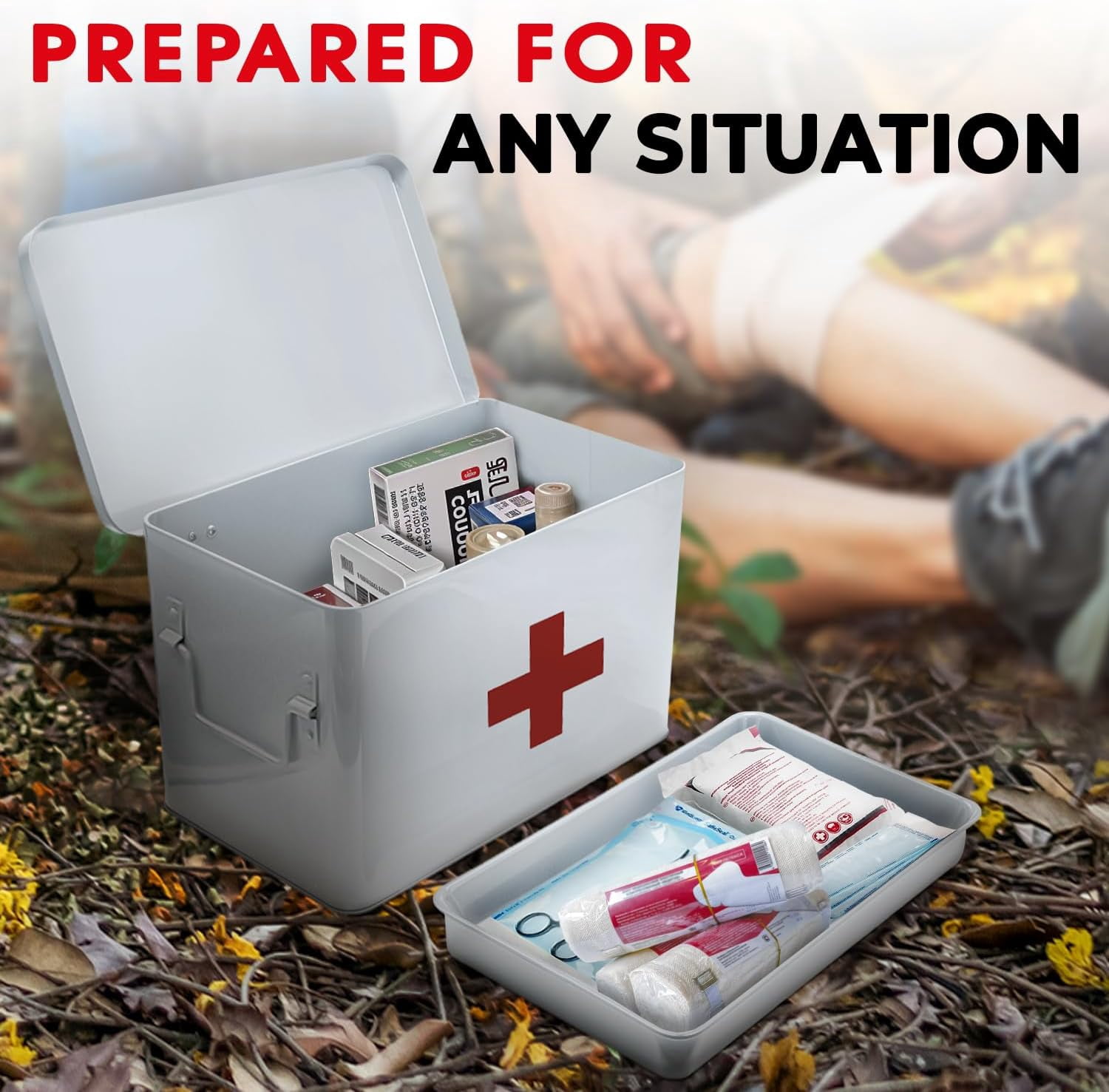Plexon First Aid Kit, First Aid Supplies Bin, 8.5" Metal Medicine Storage Tin with Lid, First Aid Box Organizer, White
