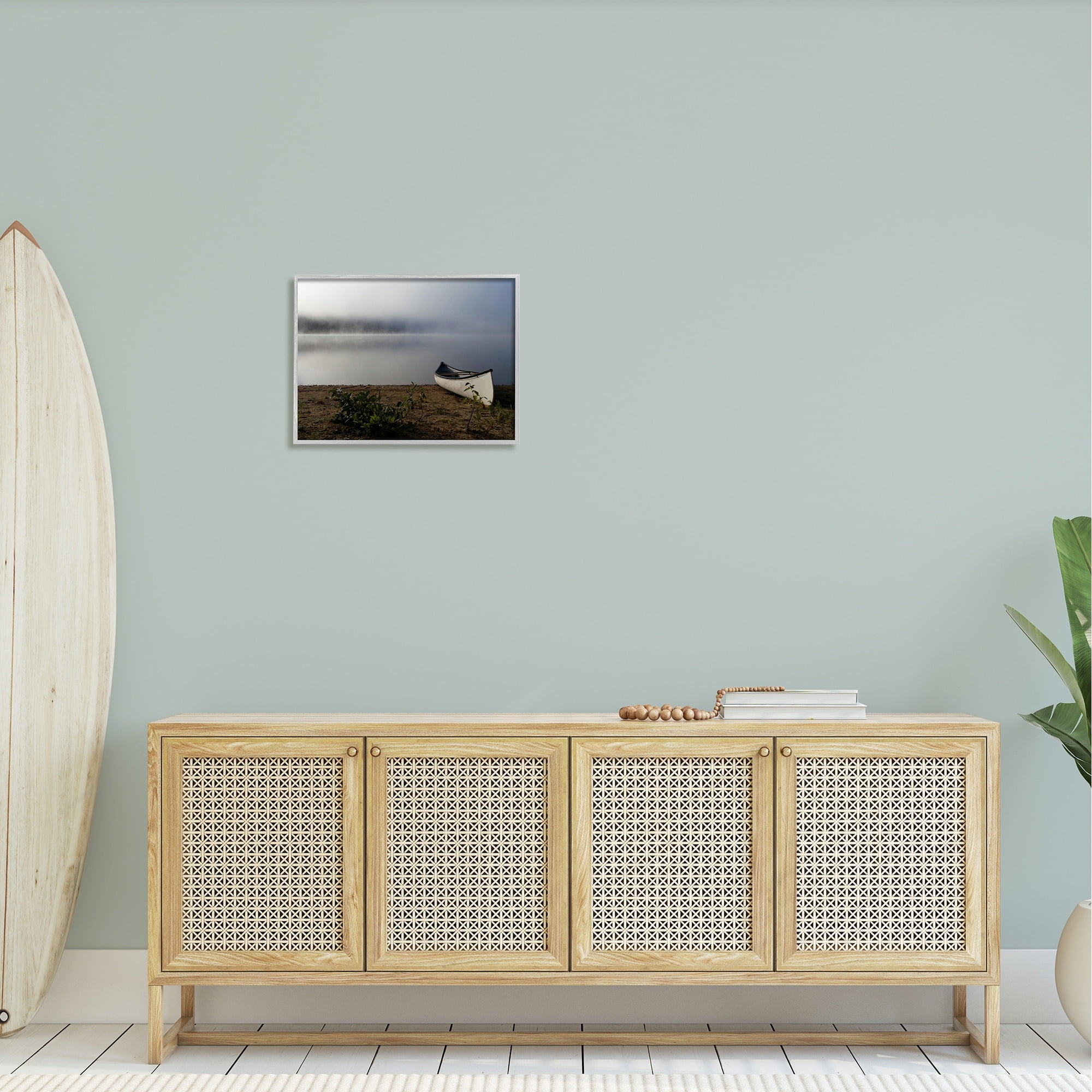 Stupell Industries Lone Canoe Tranquil Foggy Lake Beach Weather Photograph Gray Framed Art Print Wall Art, Design by Daphne Polselli