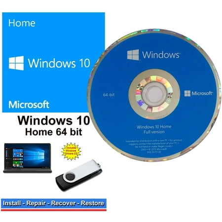 Microsoft Windows 10 Home OEM 64 bit DVD & Home 64 bit USB Flash Drive For Legacy Bios to Install Repair restore & Recover Windows 10, 2 in 1 Bundle