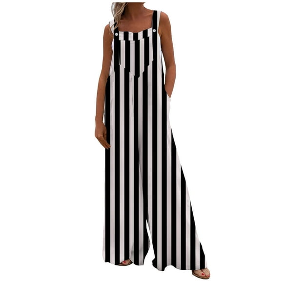 Rutainlusire Women's Striped Jumpsuits with Pockets Sleeveless Loose Fit Fashion Wide Leg Trousers