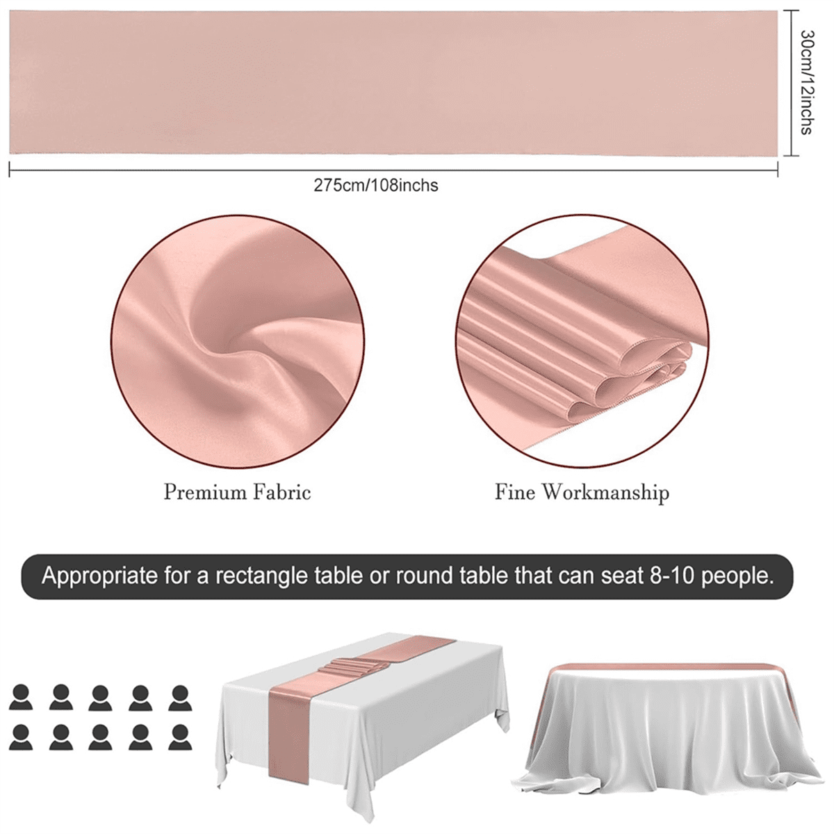 Rose Gold Table Runner 12x108 Inch 10 Pack Satin Runners, Smooth for Party Wedding Banquets Birthday