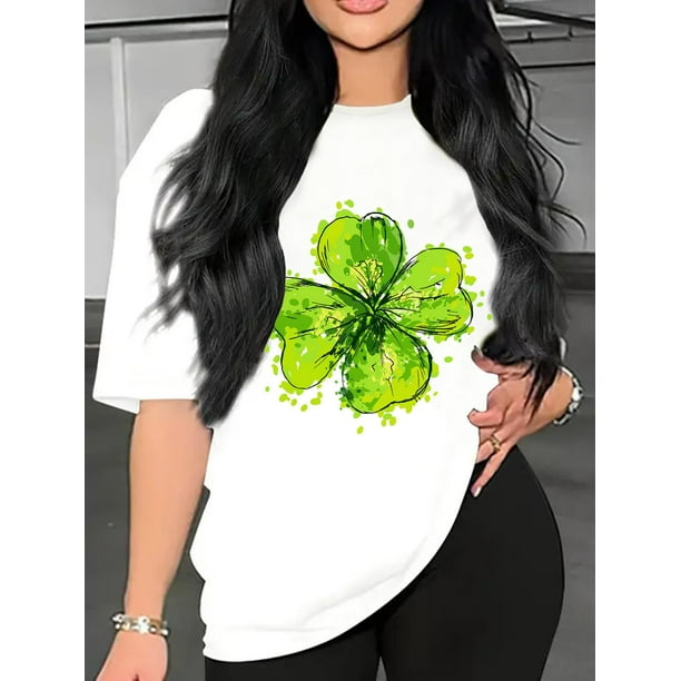 Women's St. Patrick's Day Clover Graphic T-Shirt - Casual Bohemian Style, Round Neck Tee with Vibrant Green Shamrock Print