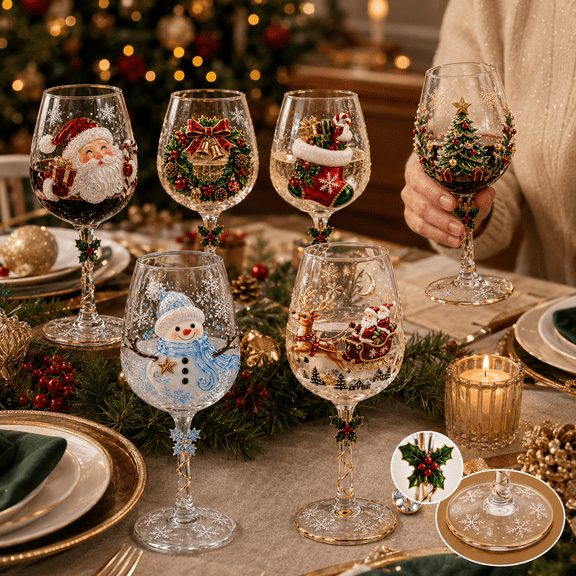 Christmas 3D Wine Glass Collection Gift Box Set, Festive Raised Holiday Goblet with 6 Christmas Designs, Decorative Clear Wine Glass for Cocktails Dinner Parties Seasonal Gifts