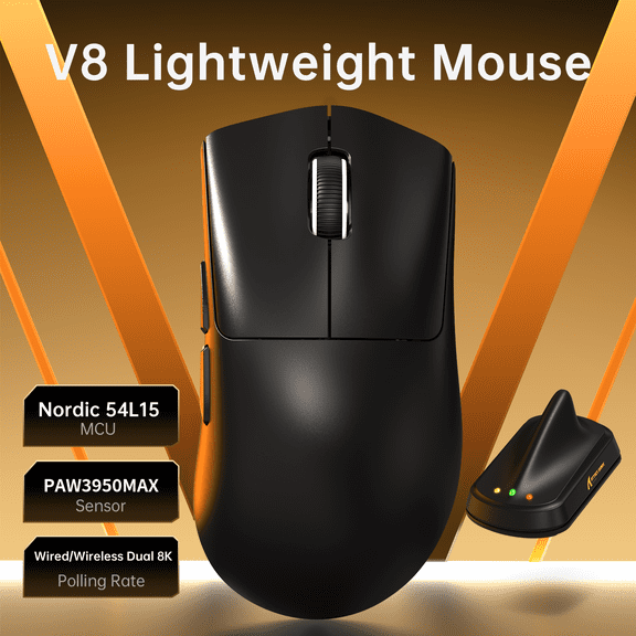 ATTACK SHARK V8 8K Wireless Gaming Mouse Whit 42000 DPI-PAW3950 MAX Sensor-59g Lightweight-Nordic54L15 MCU-400h Battery Life, Triple Modes,Gaming Accessories for PC/Laptop/Mac