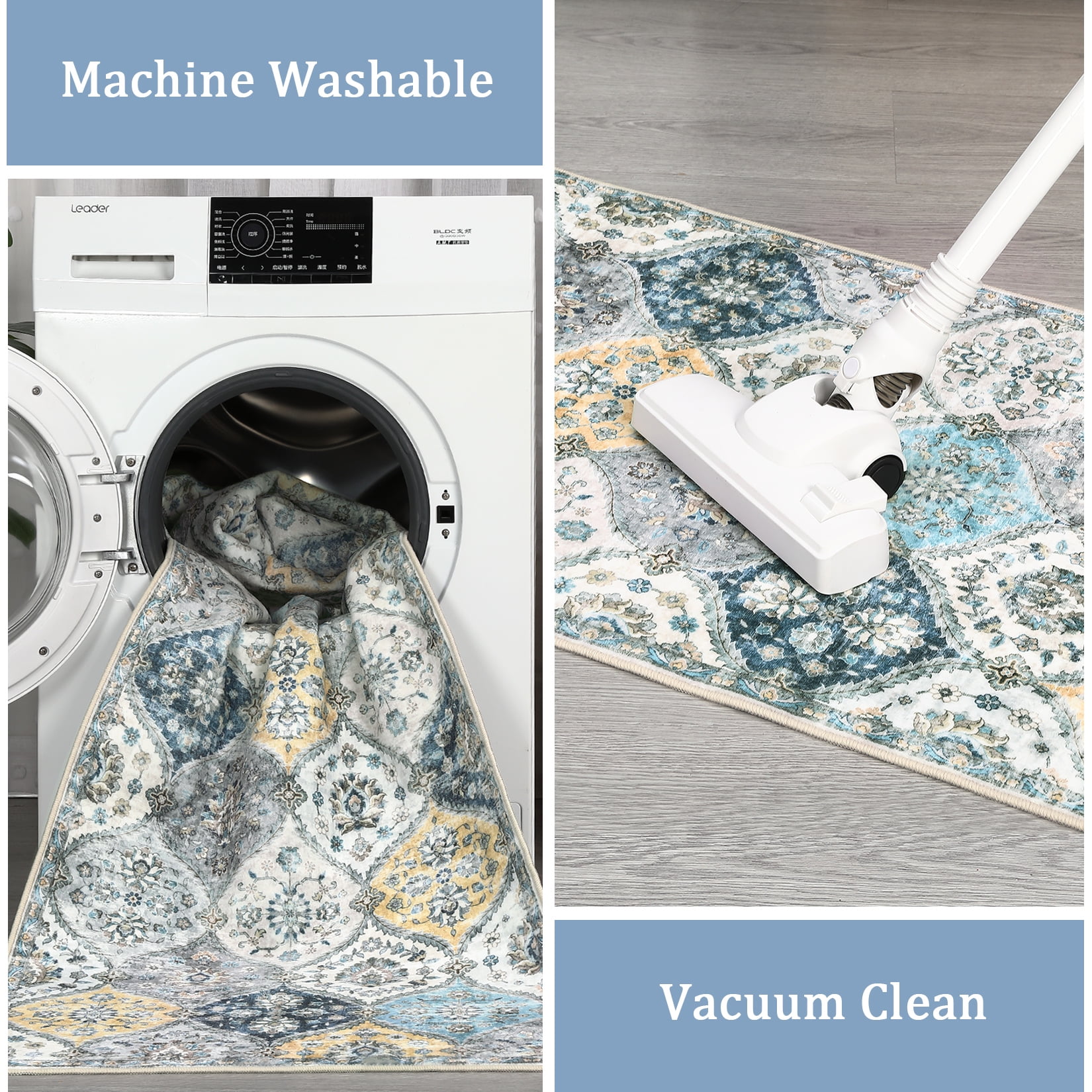 Hasoo Traditional Indoor Living Room Bedroom 8' x 10' Area Rug Non-Slip Machine Washable Carpet, Blue/Yellow