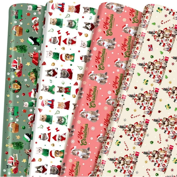 Neighborly Nook 12 Sheet Christmas Wrapping Paper Not Roll Vintage Funny Animal Gift Wrap Folded Flat for DIY Crafts Birthday Holiday Xmas Party Supplies, 20" x 28"(Green, White, Beige, Pink,Cat)