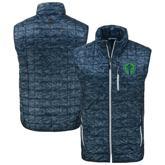 Men's-Cutter & Buck  Navy Seattle Sounders FC Rainier PrimaLoft Eco Insulated Full-Zip Printed Puffer Vest