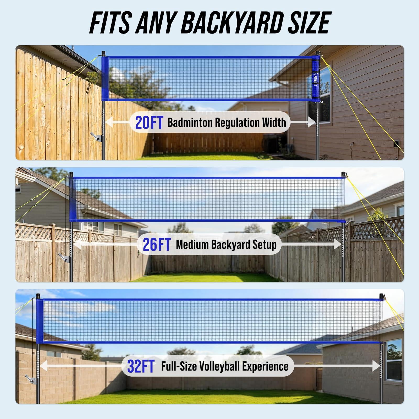 Volleyball Badminton Net Set Combo For Backyard Beach  2-in-1 Adjustable With 4 Heights (5.1-8ft) & 3 Widths (20-32ft) 4 Aluminum Rackets Goose Shuttlecocks Carrying Bag