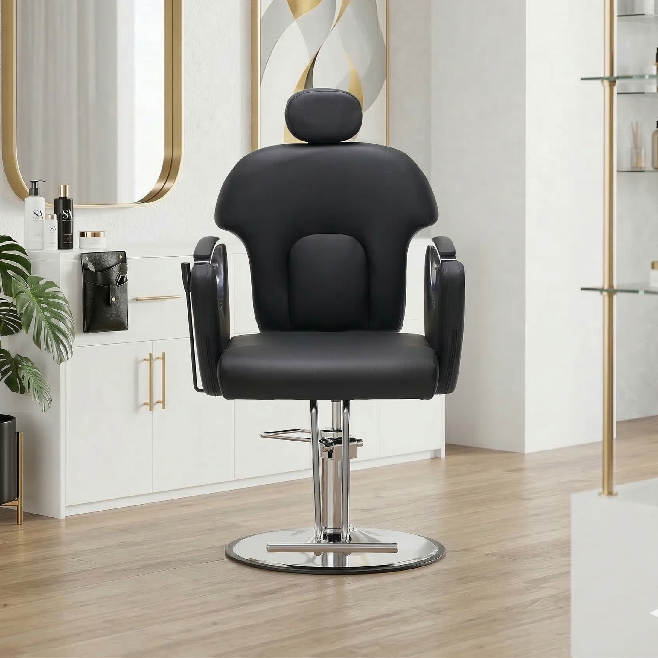 Noble House Hydraulic Barber Chair, Reclining Salon Styling Chair, PU Upholstery, Black + Chrome
