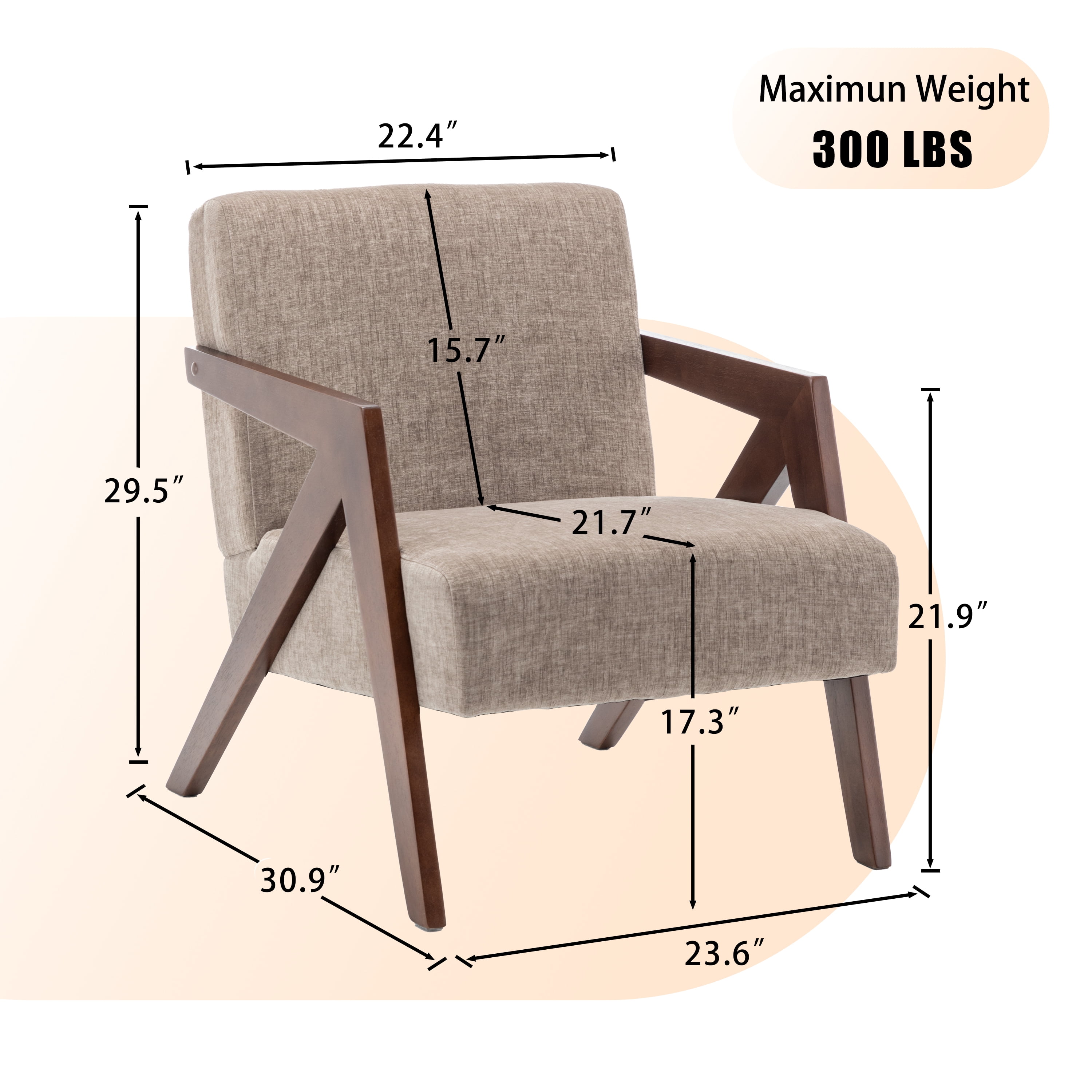 Leumius Mid Century Modern Accent Chair,Upholstered Reading Armchair with Solid Wood Frame,Accent Chair for Living Room Bedroom Apartment, Easy Assembly,Light Coffee
