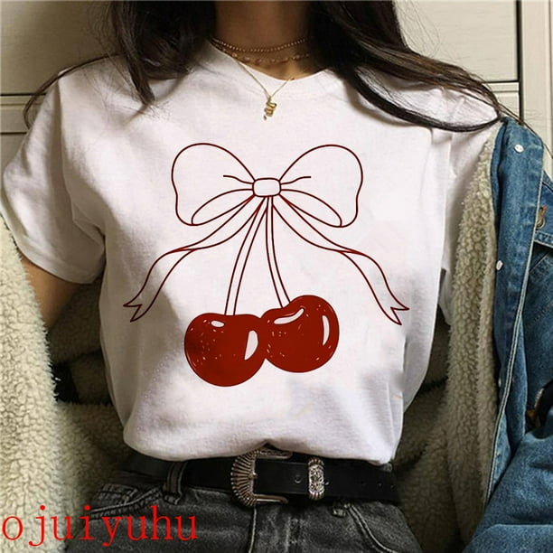 Camisetas informales de cereza de fresa dulce para mujer, camiseta