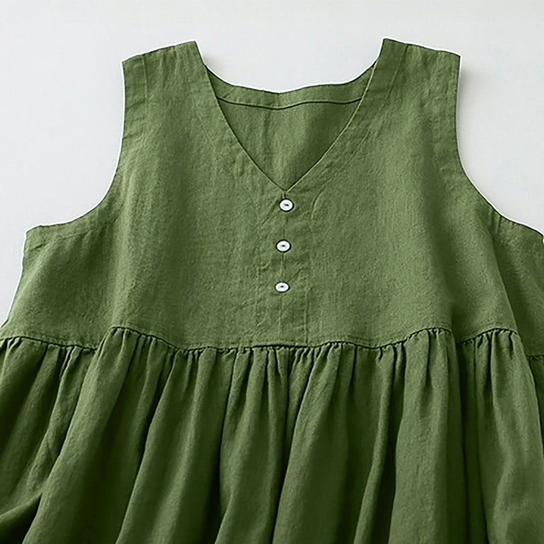 ZZwxWA Womens Cotton Linen Tank Dress Solid Color Button Down Flowy Dress V  Neck Pleated Sleeveless Fairy Dress for Ladies - Walmart.com