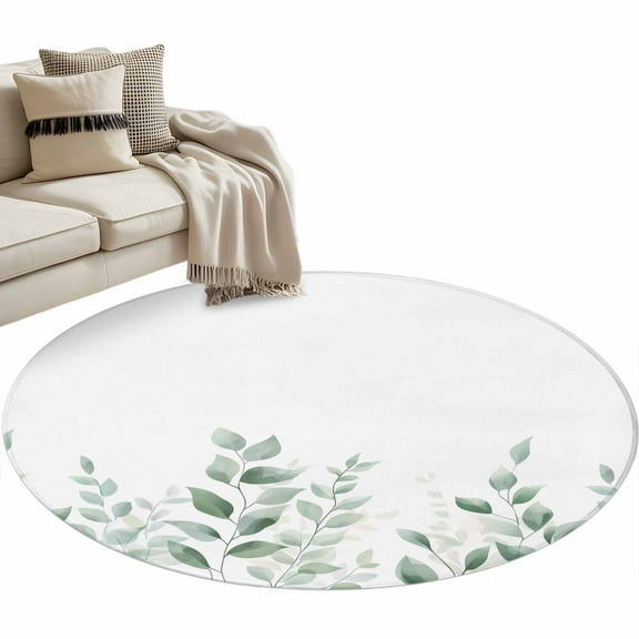 Sage Green Botanical Round Area Rug 4 FT, Non Slip Indoor Outdoor Rug, Pastoral Leaf Watercolor Washable Soft Circular Carpet Non-Shedding Floor Mat for Coffee Table Nursery Foyer Balcony