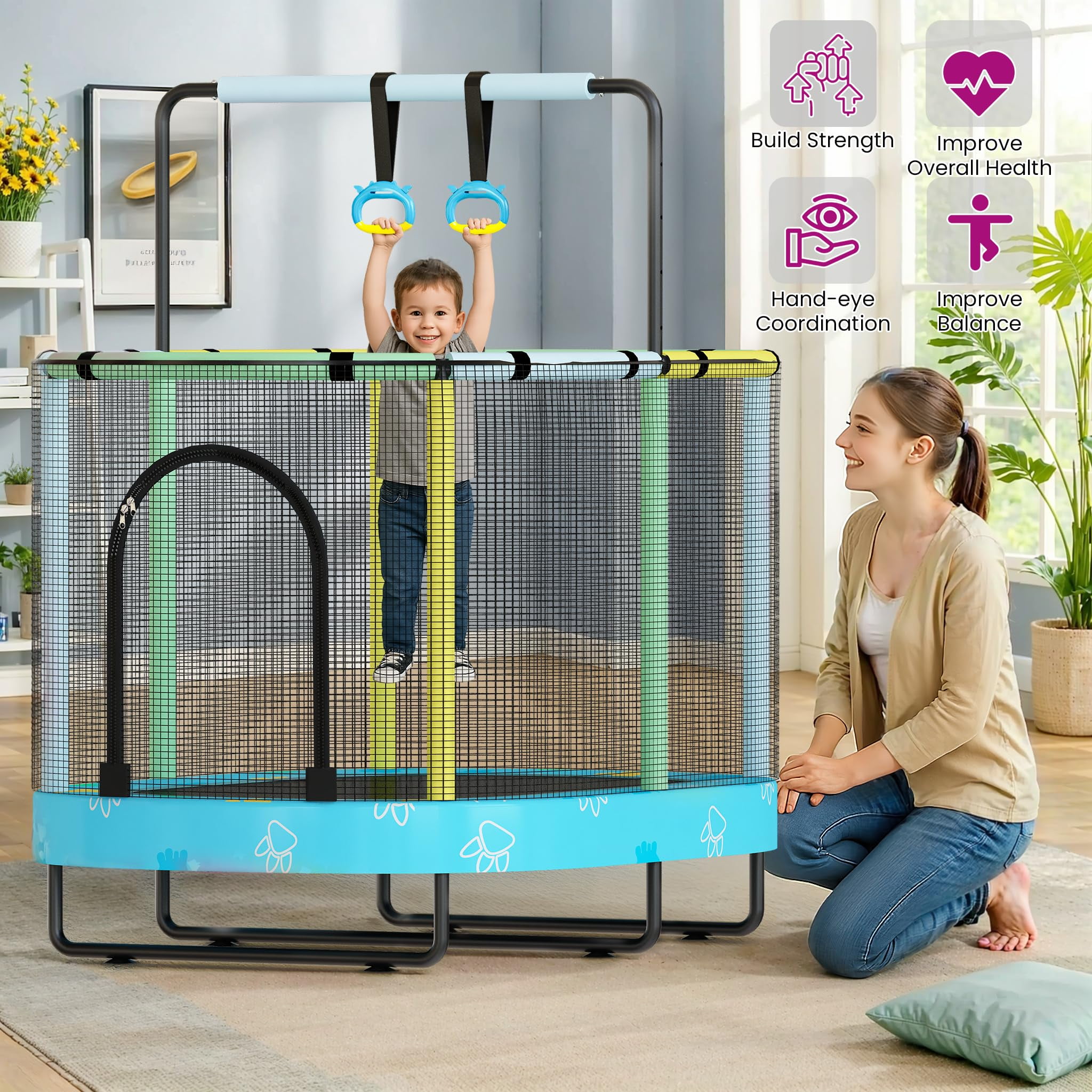 MOOSENG Elliptic Kids Trampoline, Bouncing Trampoline with Safety Enclosure Net, Adjustable Height Handrail, 500lbs Capacity, Designs for Boys & Girls, 7-in-1, 55” (Blue Dinosaur)