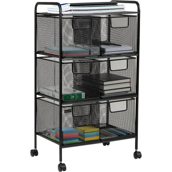 Multipurpose Rolling Cart with Drawers, Office Storage Organizer, Utility Cart, Metal Mesh, Black