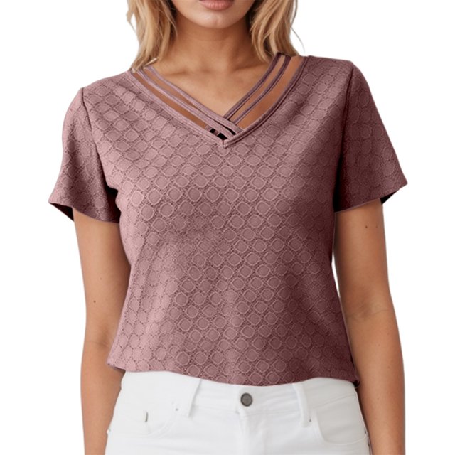 T-shirt à Manches Courtes Ajusté Col en V pour Femmes Élégant et Polyvalent