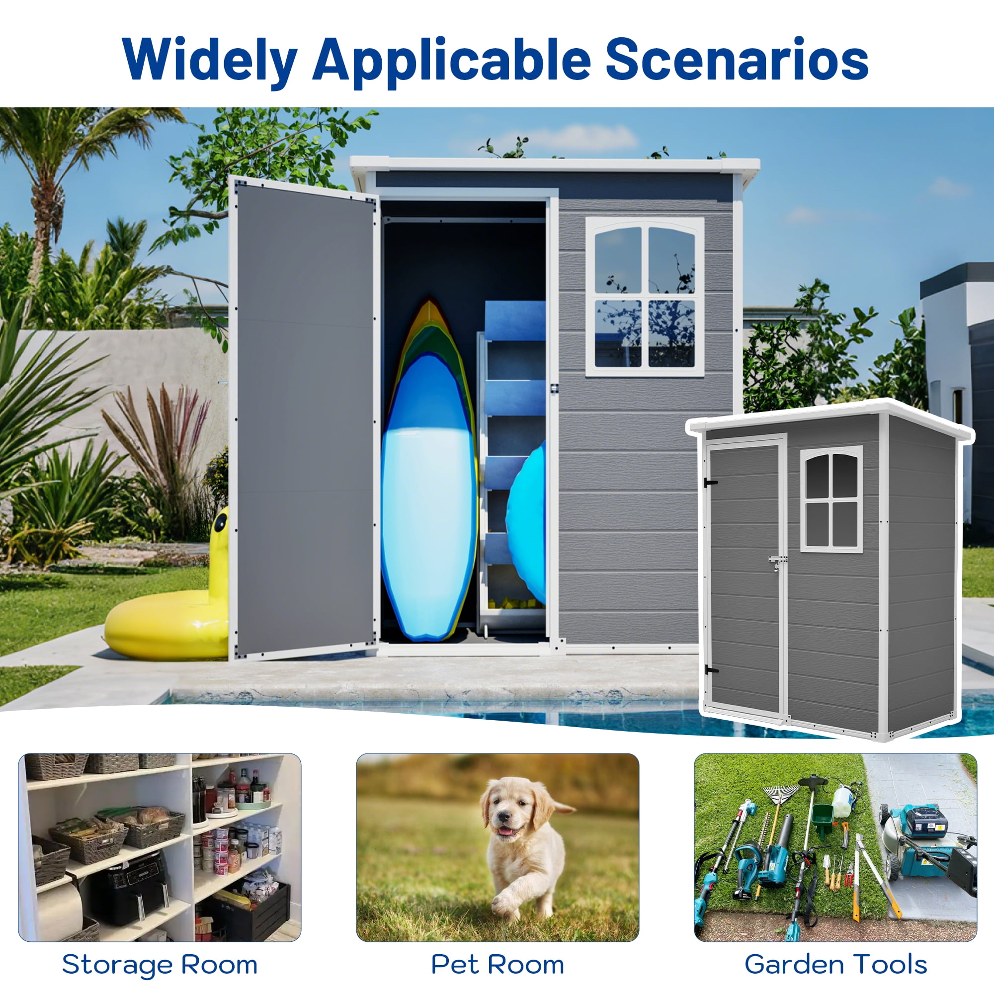 Seizeen 5x3FT Outdoor Storage Shed with Floor, Plastic Garden Tool Shed w/Lockable Door & Window, Waterproof Wood Grain Patio Storage Versatile Design