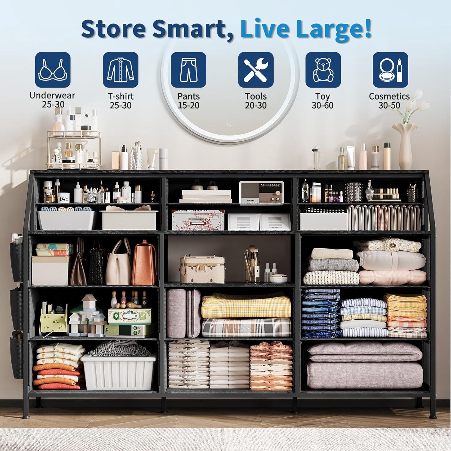 Dresser for Bedroom with 14 Drawers, 55" W Dresser with Side Pocket, Fabric Dressers & Chests of Drawers with Shelves, Sturdy Frame, Wood Top