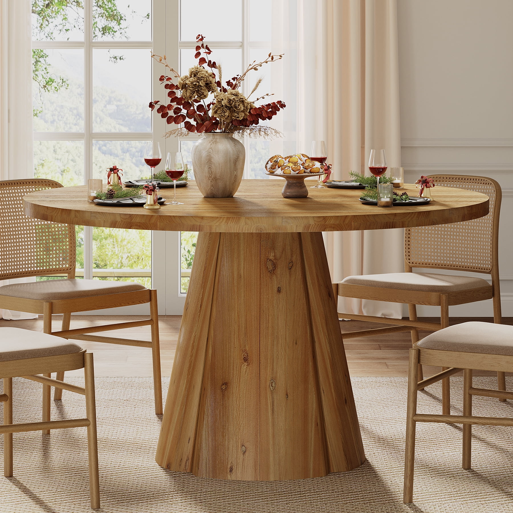 Tribesigns 47.24-Inch Solid Wood Dining Table, Farmhouse Round Kitchen Table with Wooden Pedestal Base for 4-6, Dinner Furniture for Kitchen, Home Dining Room, Easy Assembly