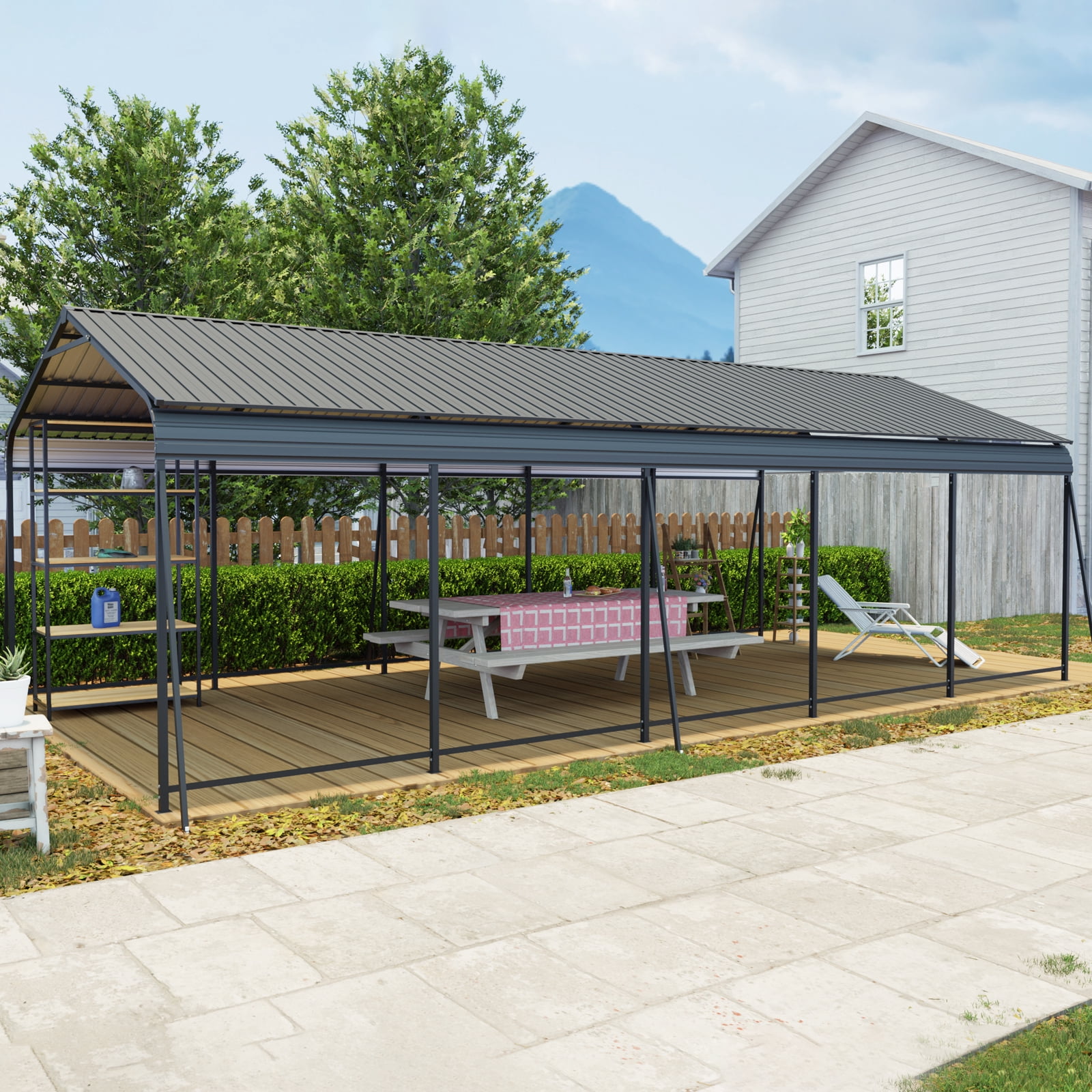 taoruifang 13×26.5 FT Carport Heavy Duty Metal Carport Canopy with Galvanized Steel Roof and Frame 6 Fixed Inclined Square Tube Supports for Driveway Car Truck Boat RV Charcoal