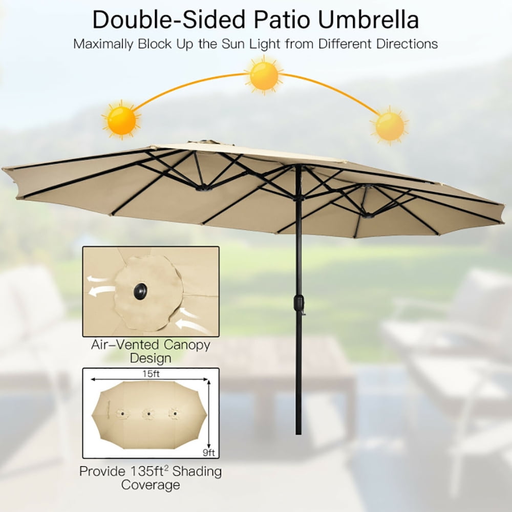 Aimee Lii 15 Feet Double-Sided Twin Patio Umbrella with Crank and Base, Sunbrella Patio Umbrellas, Beige
