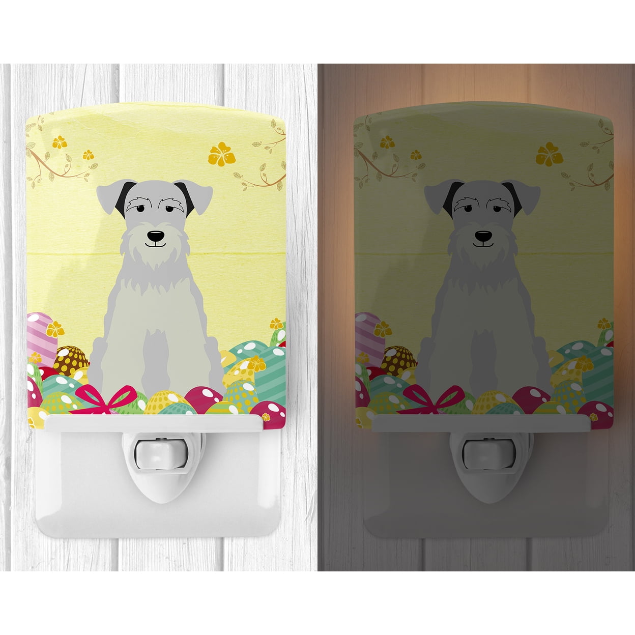 Caroline's Treasures BB6053CNL Easter Eggs Miniature Schnauzer White Ceramic Night Light, 6x4x3", multicolor
