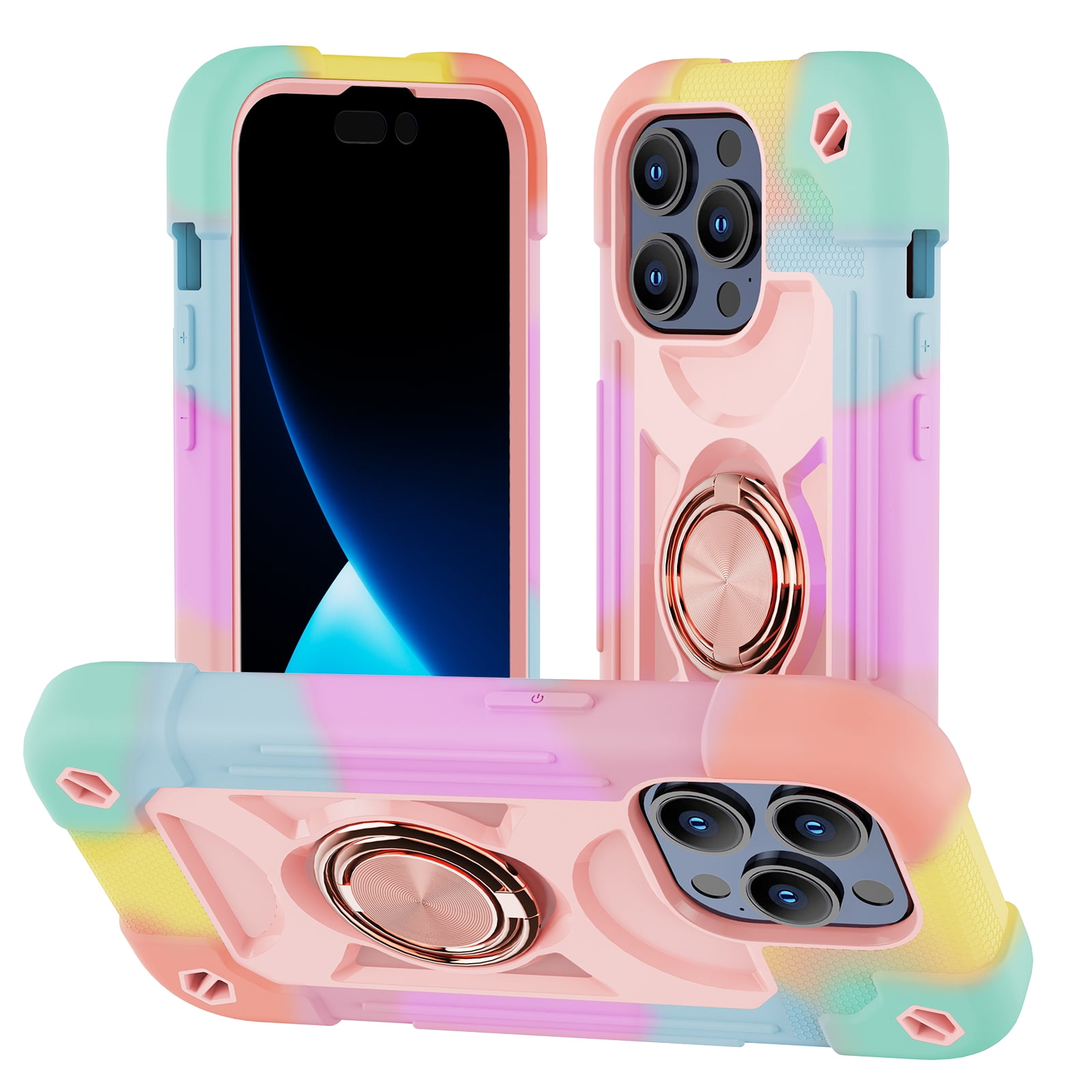 for iPhone 15 Pro Max Case with Ring Stand, Heavy Duty Military Grade Rugged Shockproof Silicone Rubber Magnetic Kickstand Holder Case for Women Girls For iPhone 15 Pro Max, Rainbow Pink