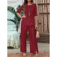 thumbnail image 5 of Women'S Asymmetric Hem Pants Set Elegant Fashion Casual Button Sleeve Shirt Loose Two Piece Outfit Wine Red 4XL, 5 of 7