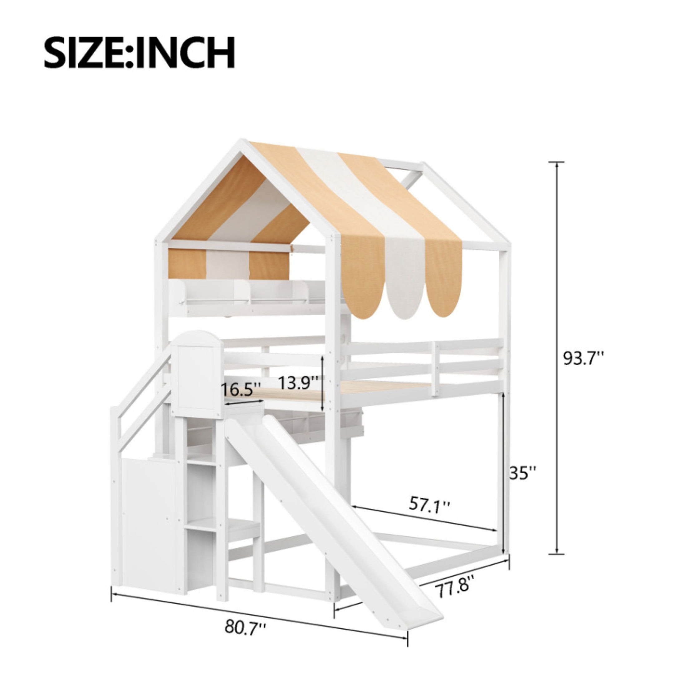 Noble House Odelia Full Size House Loft Bed with Slide and Canopy, Solid Wood Bed with Built-in Bookshelves, White