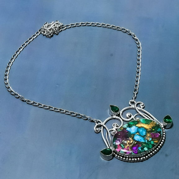 Natural Spiny Oyster, Diopside Gemstone 925 Sterling Silver Necklace 18"