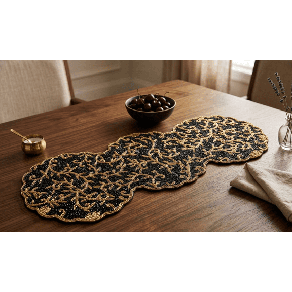 Designer Table Runner, Handmade Beads Table Runner, Black And Gold Luxury Table Runner 13X36 Inch
