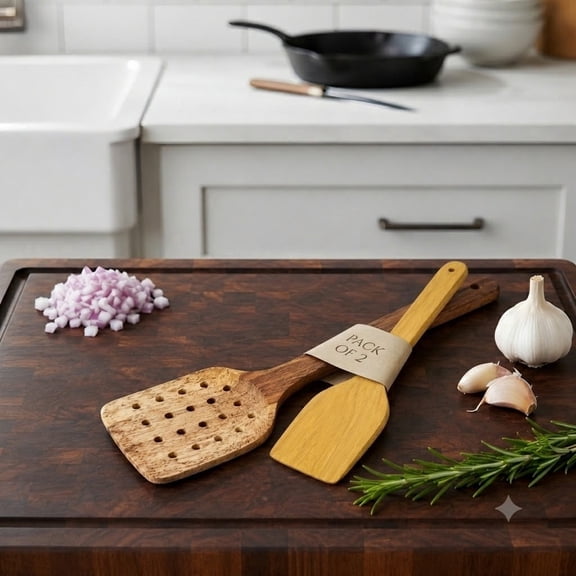 Handcrafted Wooden Kitchen Utensil Set, Natural Wood Slotted Turner & Flat Spatula for Stirring, Flipping, Draining & Serving, Safe for Non-Stick Cookware (Pack of 2)