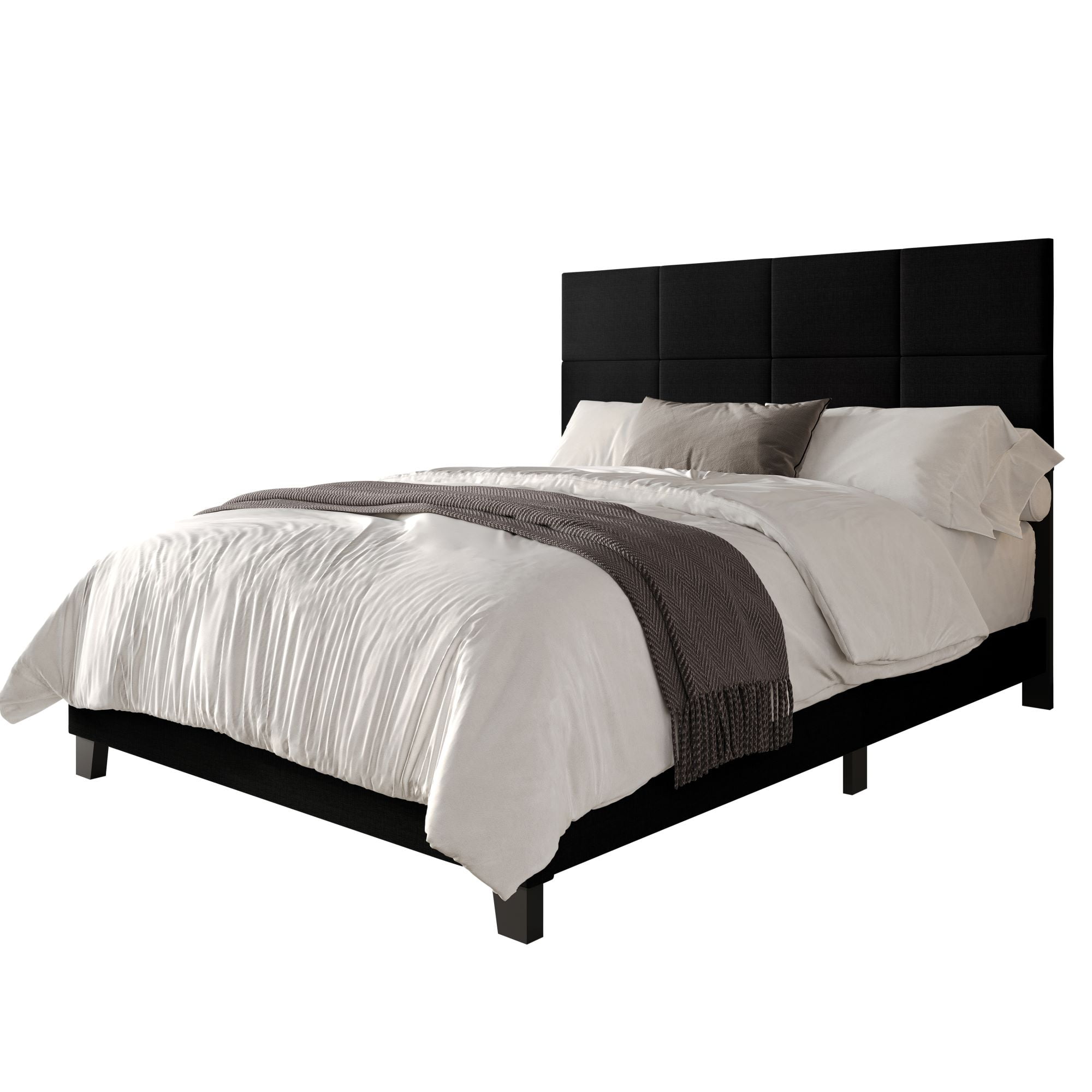 Home Design Lufkin King Upholstered Panel Bed Frame with Checkered Tufted Headboard & Foam-Filled Comfort, Black, Easy Assembly
