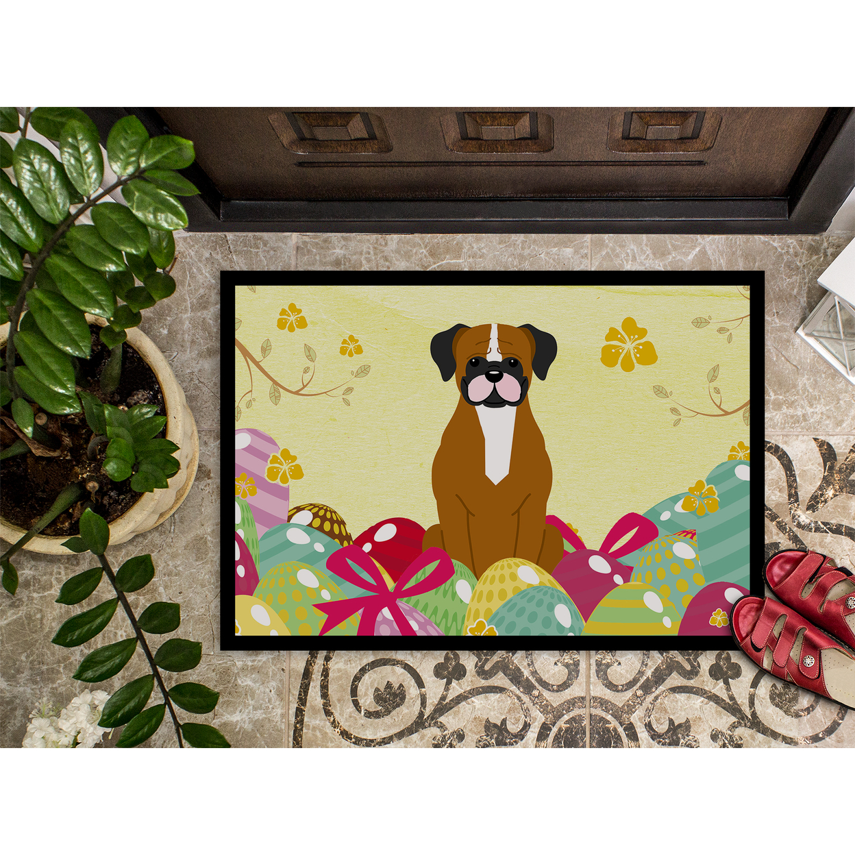 Carolines Treasures BB6116JMAT 24 x 36 in. Easter Eggs Flashy Fawn Boxer Indoor or Outdoor Mat