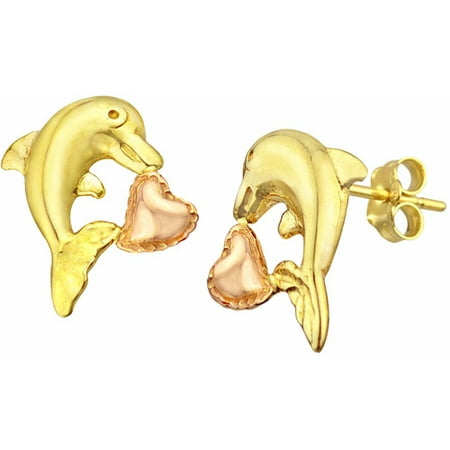 US GOLD 10kt Gold Dolphin with Heart Stud Earrings