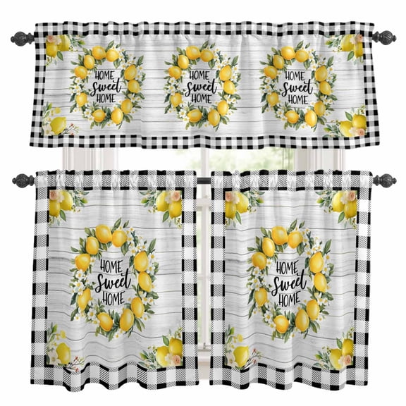 Yellow Lemon Kitchen Curtains Sets for Windows 24 Inch Length, Farmhouse Black Buffalo Plaid Grey Wooden Rod Pocket Window Treatments Tier Curtains and Valances Set for Bedroom/Bathroom
