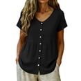 thumbnail image 4 of Women's Blouses Breathable Casual Cotton Linen Tops Crew Neck Short Sleeve Button Down Tee Summer Shirts Black M, 4 of 8