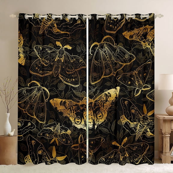 Castle Fairy Boho Animal Moth Black Out Curtains for Children Teenagers Adults,Black Golden Curtains Pack of 2 (42x63 Each),Gothic Exotic Style Bedroom Curtains,Lightweight Room Decor