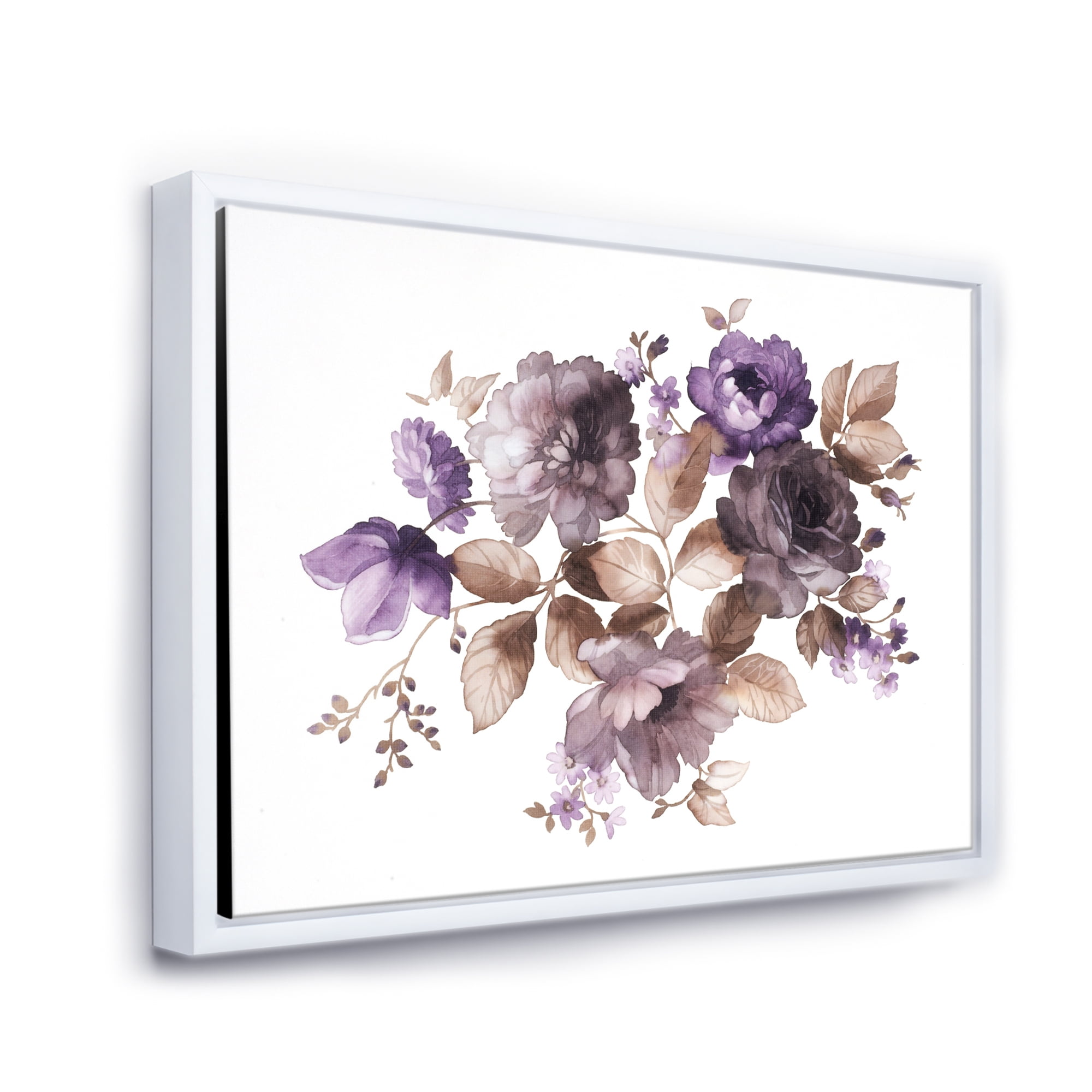 Designart 'Purple Retro Flowers With Brown Leaves On White' Traditional Framed Canvas Wall Art Print