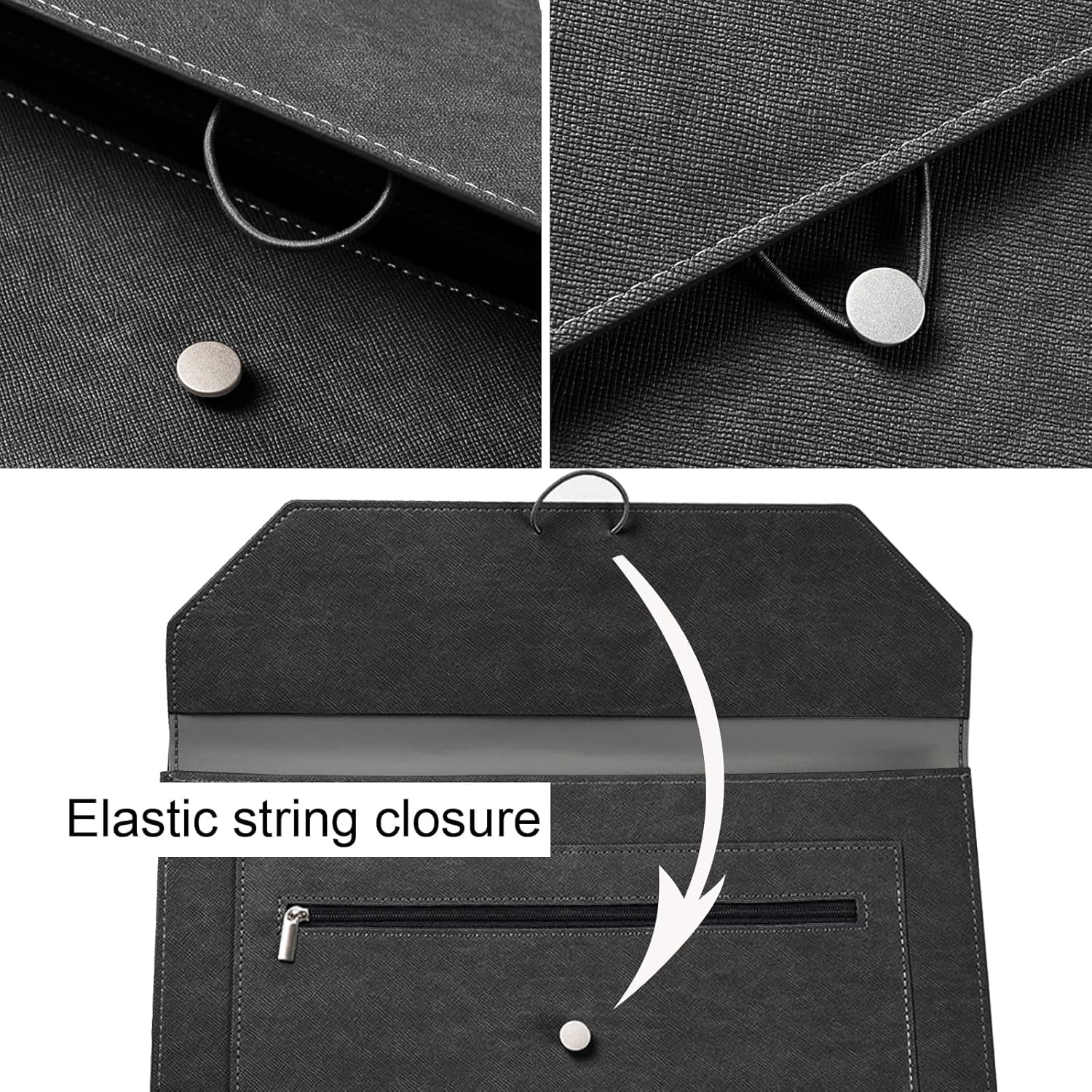 PU Leather A4 File Folder 2 Pockets Portfolio Envelope with Elastic String 3/4 Inch Expansion，Black