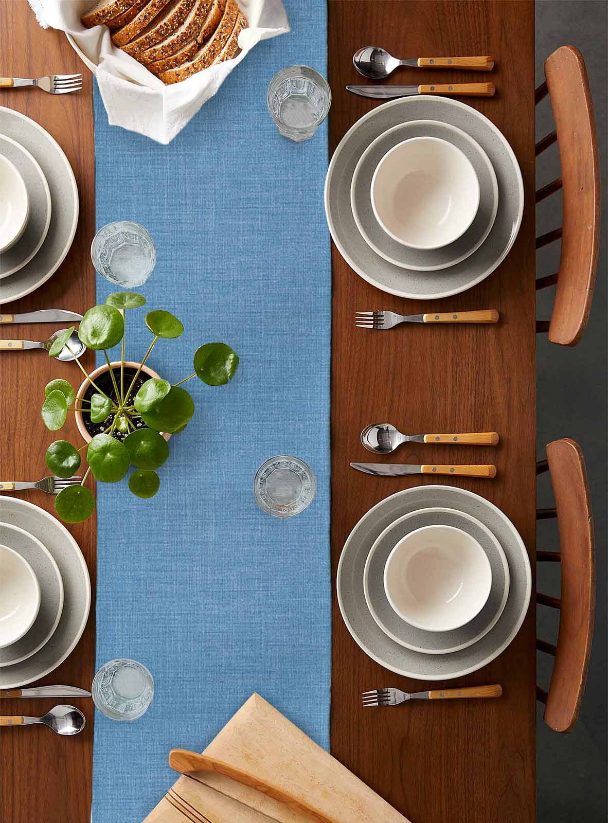 Table Runner 72 Inches Long for Kitchen Dining, Blue Dresser Scarf Farmhouse, Dining Table Decorations for Wedding/Parties, Farmhouse Burlap Solid Blue Color Modern Linen Texture 14 x 72 In