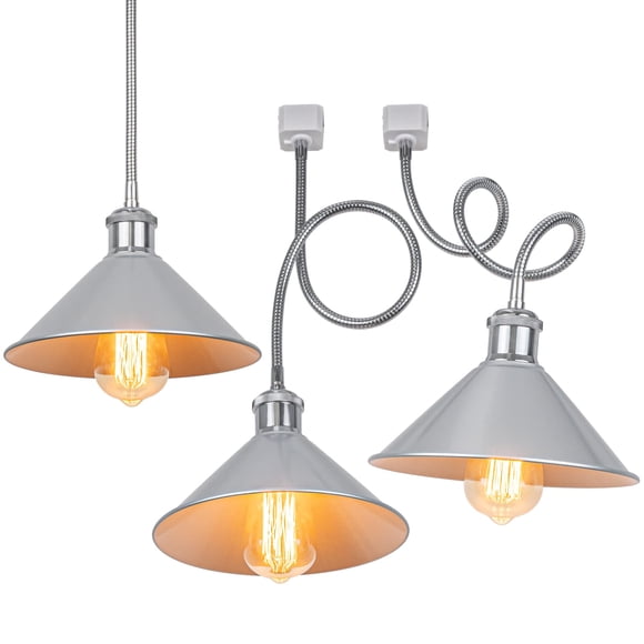 FSLiving H Type Track Light,Chrome Iron Cone Shade Ceiling Spot Lighting, Flexibly Rotatable Light Goose Neck, Adjustable Island Lighting Mini Halo Track Mounted Pendant Lamp for Kitchen,3 Pack
