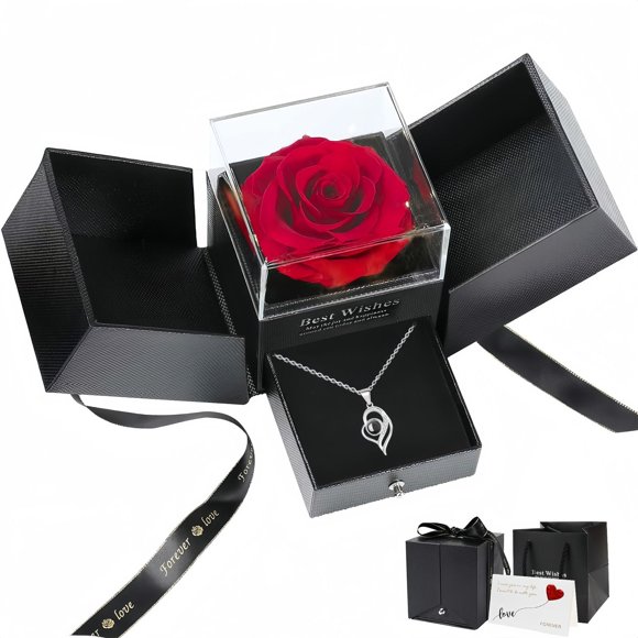 Sdmnsg-T Preserved Real Red Rose with I Love You Heart Necklace 100 Languages - Eternal Flowers Rose Birthday Gifts for Women, Wife, Mom, Girlfriend - Valentine's Mother's Day Christmas Gift