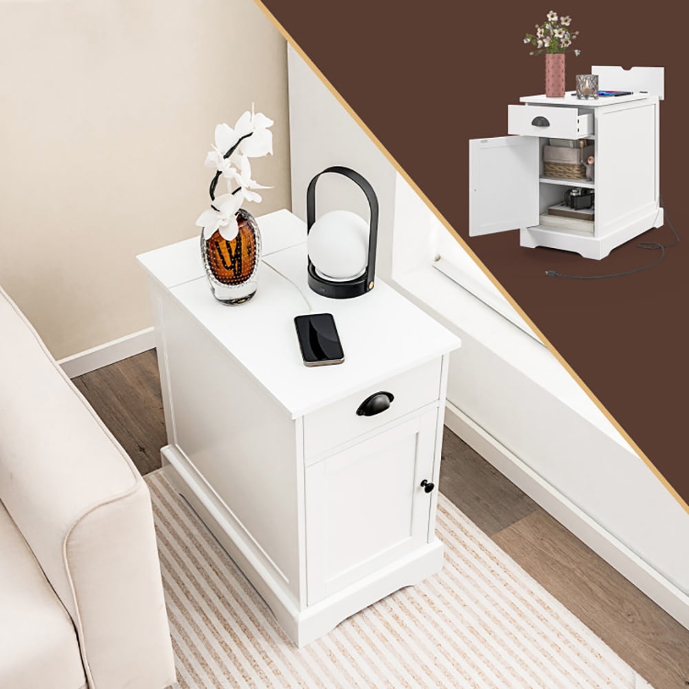 Finihen End Table, Side Table with Charging Station and Flip Top, Sofa Side Table, Bed Side Table, for Living Room, Bedroom, White Finihen End Table, Side Table with Charging Station and Flip Top, Sofa Side Table, Bed Side Table, for Living Room, Bedroom, White