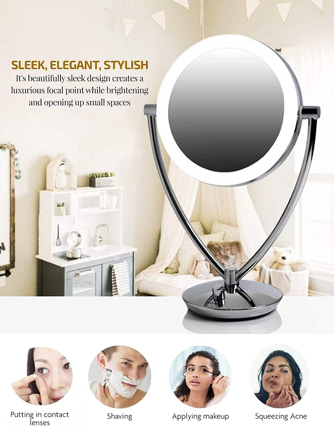 OVENTE 8" Lighted Tabletop Makeup Mirror with 1X/5X Magnification, Double-Sided Magnifying Vanity Mirror, Dimmable LED Lights, 360° Swivel Design and Dual Power Supply, Polished Chrome MLT75CH1X5X