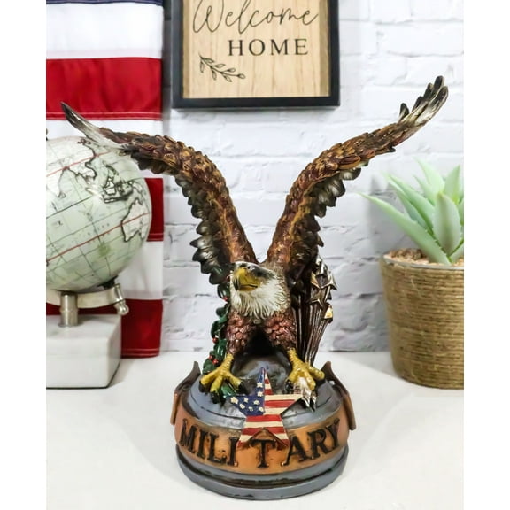 Patriotic Open Wings Bald Eagle On USA Star Spangled Banner Millitary Figurine