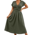 thumbnail image 2 of Dolkfu Pull-on Fall&Winter Dresses for Women Green Short Sleeve Petal V-Neck Faux-Wrap Solid Long Relaxed Fit Romance Dresses Army Green,L, 2 of 5